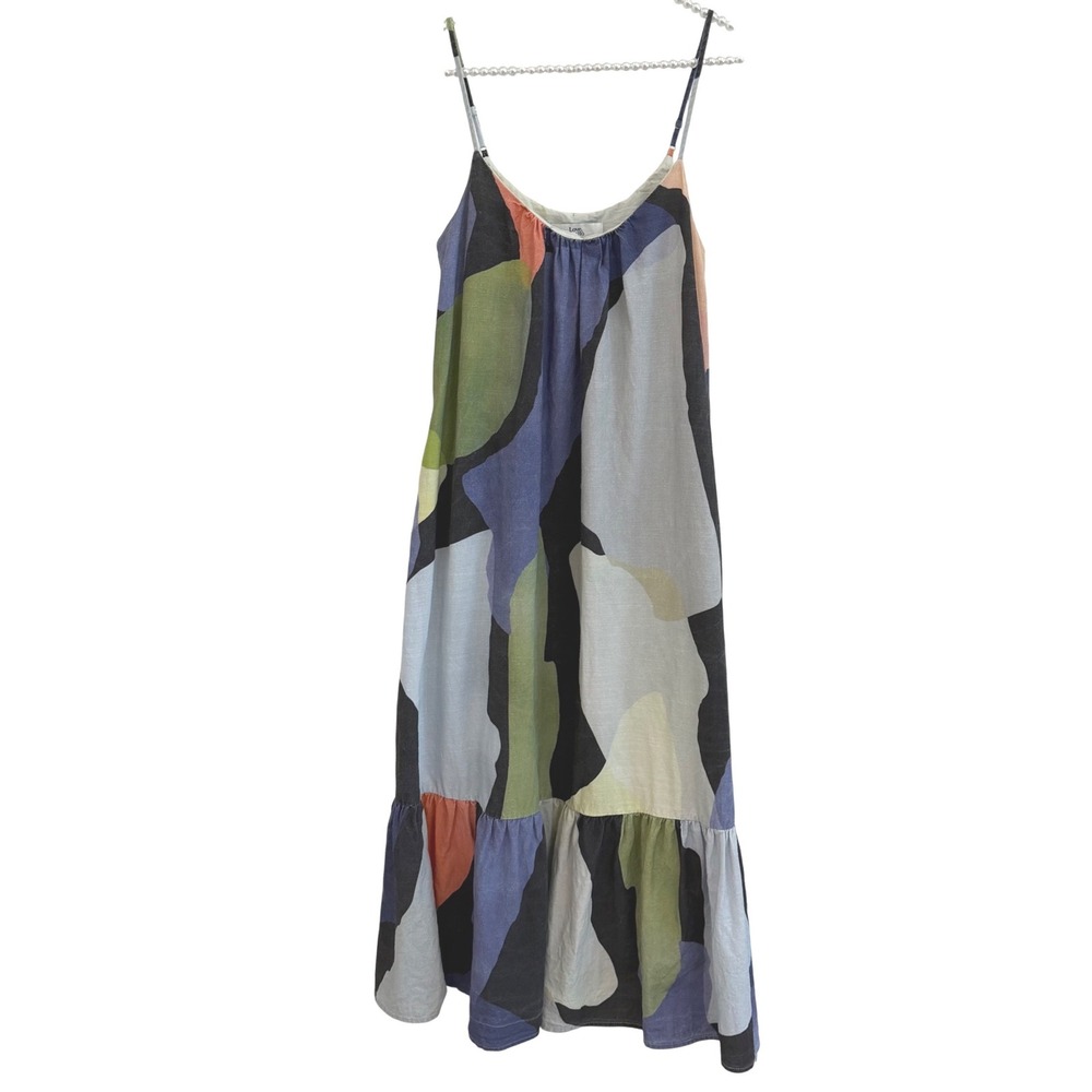 Love Bonito Abstract Print Ruffle Hem Boho Artsy Midi Dress Multi Color US 6